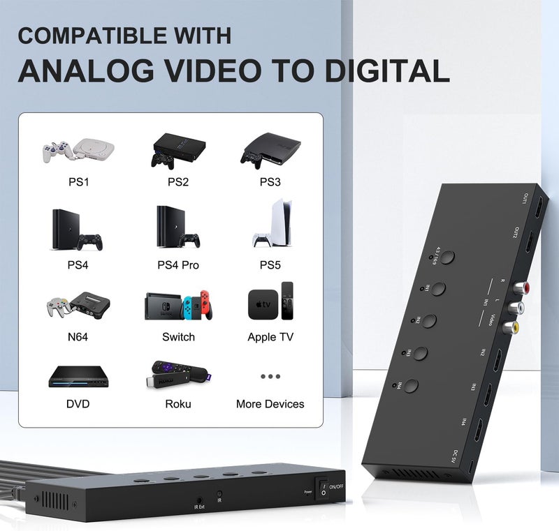 Arector 4 in 2 Out RCA/HDMI Switcher，3 Way HDMI 2.0 + 1 RCA Converter，4:3/16:9 & 2 Ports HDMI Output Support 4K and 3D for PS1/2/3/4/5, N64, SNES, Switch, DVD, Roku, etc. - Image 3